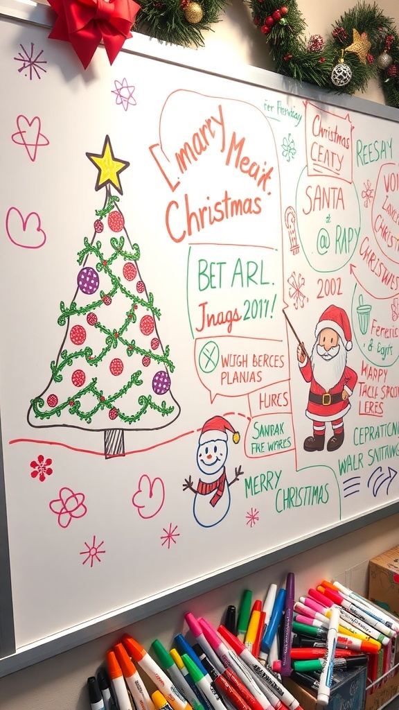 A colorful whiteboard with Christmas drawings like a tree, snowman, and Santa, surrounded by markers.